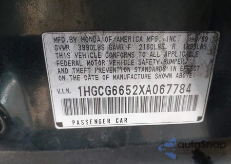 1999 Honda Accord Lx z USA, uszkodzony, nr VIN 1HGCG6652XA067784